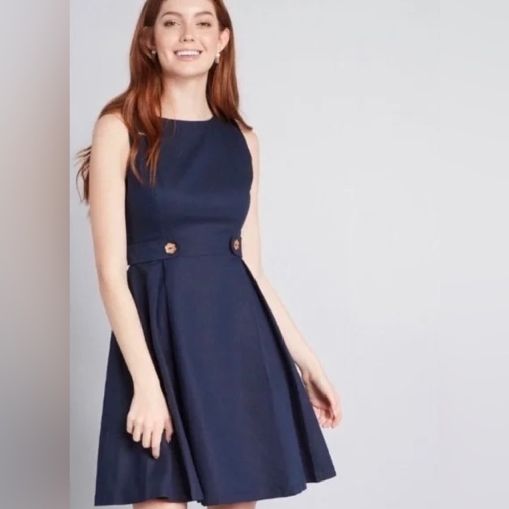 NWT Modcloth Something Sixties Navy Retro A Line Flower Button Dress